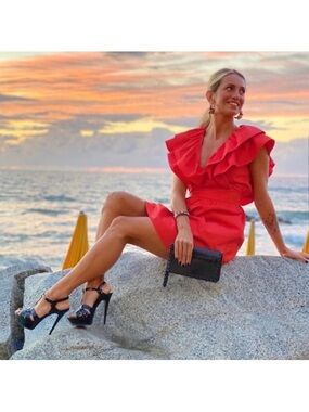 NWOT Zara Sz M Ruffled V-Neck Mini Dress in Fiery Red-Orange
